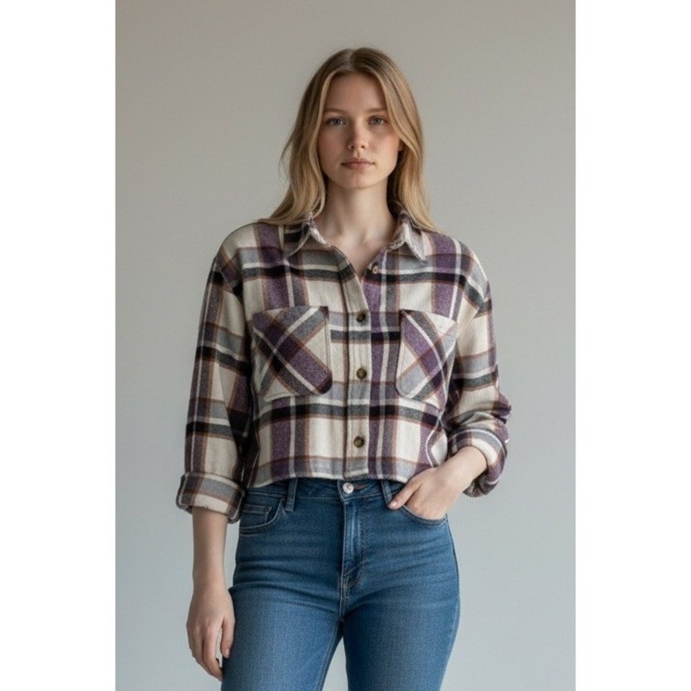 Beachlunchlounge Plaid Cropped Flannel Shirt Jacket Women's M